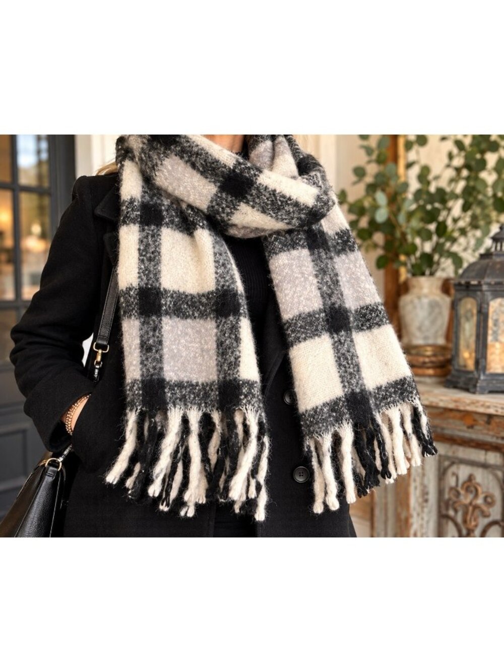 Steve Madden Oversized Plaid Scarf Cozy Soft Fuzzy Fringe Black Cream 73”x16”